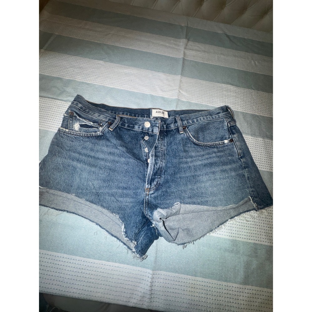AGOLDE Parker High Rise Distressed Denim Shorts Medium Wash Blue Cut Offs - Picture 4 of 8